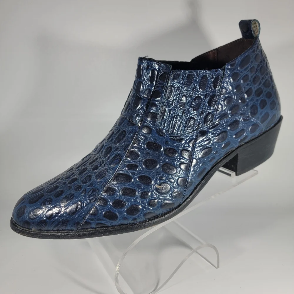 Stacy Adams Sandoval Navy Croco Print Leather Cuban Heeled Boots Men's Size 12W